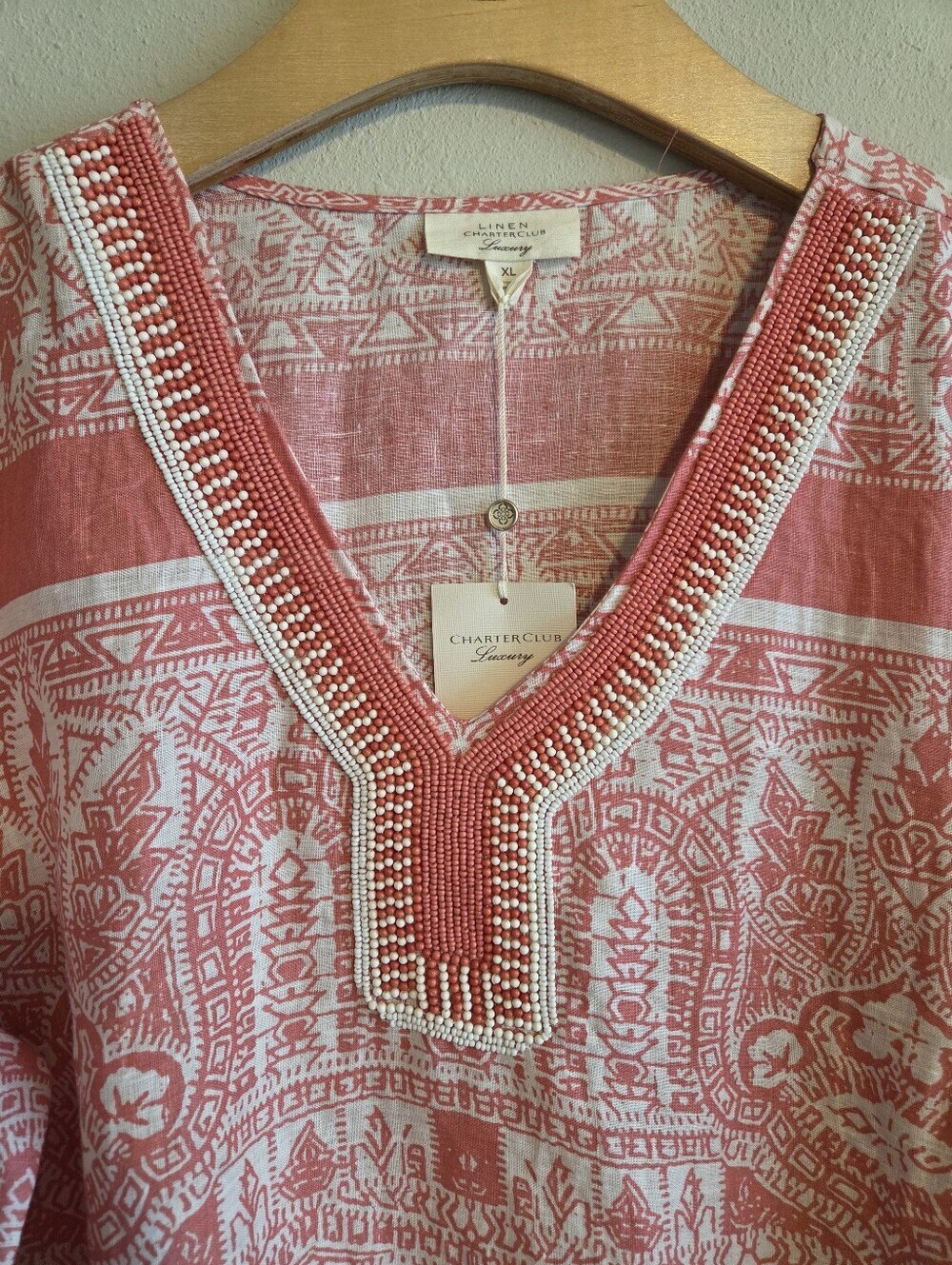 Charter Club Luxury Coral-Pink Printed Linen V-Neck Beaded Tunic Sz XL Vacation - Picture 6 of 11